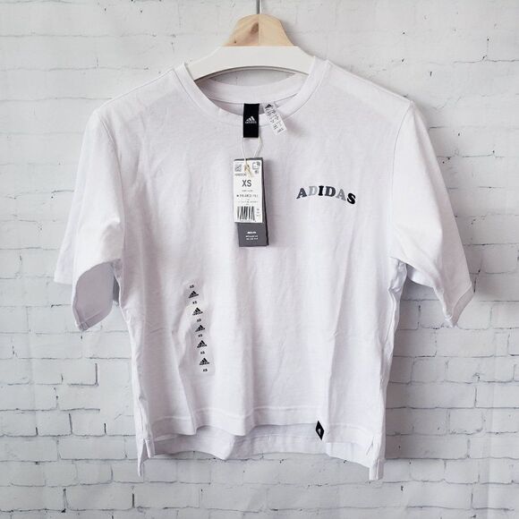 Adidas Tri Arch Tee Size XS White Spell Out Logo Womens Slightly Cropped NEW - Picture 1 of 7